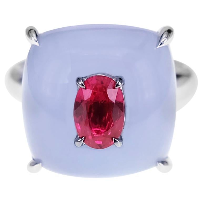 10.82 Carat Chalcedony and 0.78 Carat Ruby Crown Head Turner Ring