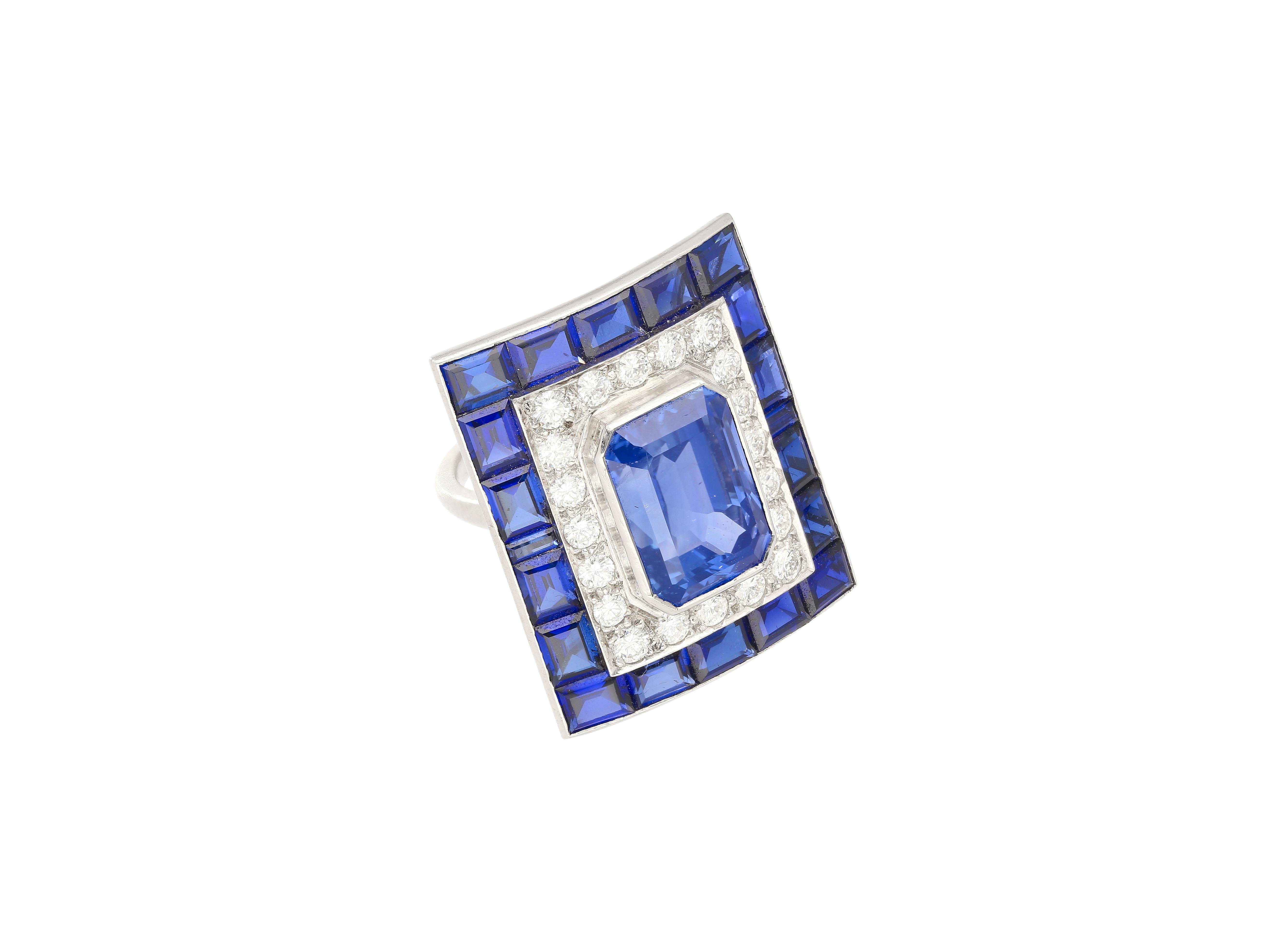 Octagon Cut 10.82 Carat Emerald Cut No Heat Ceylon Blue Sapphire & Diamond Platinum Ring For Sale