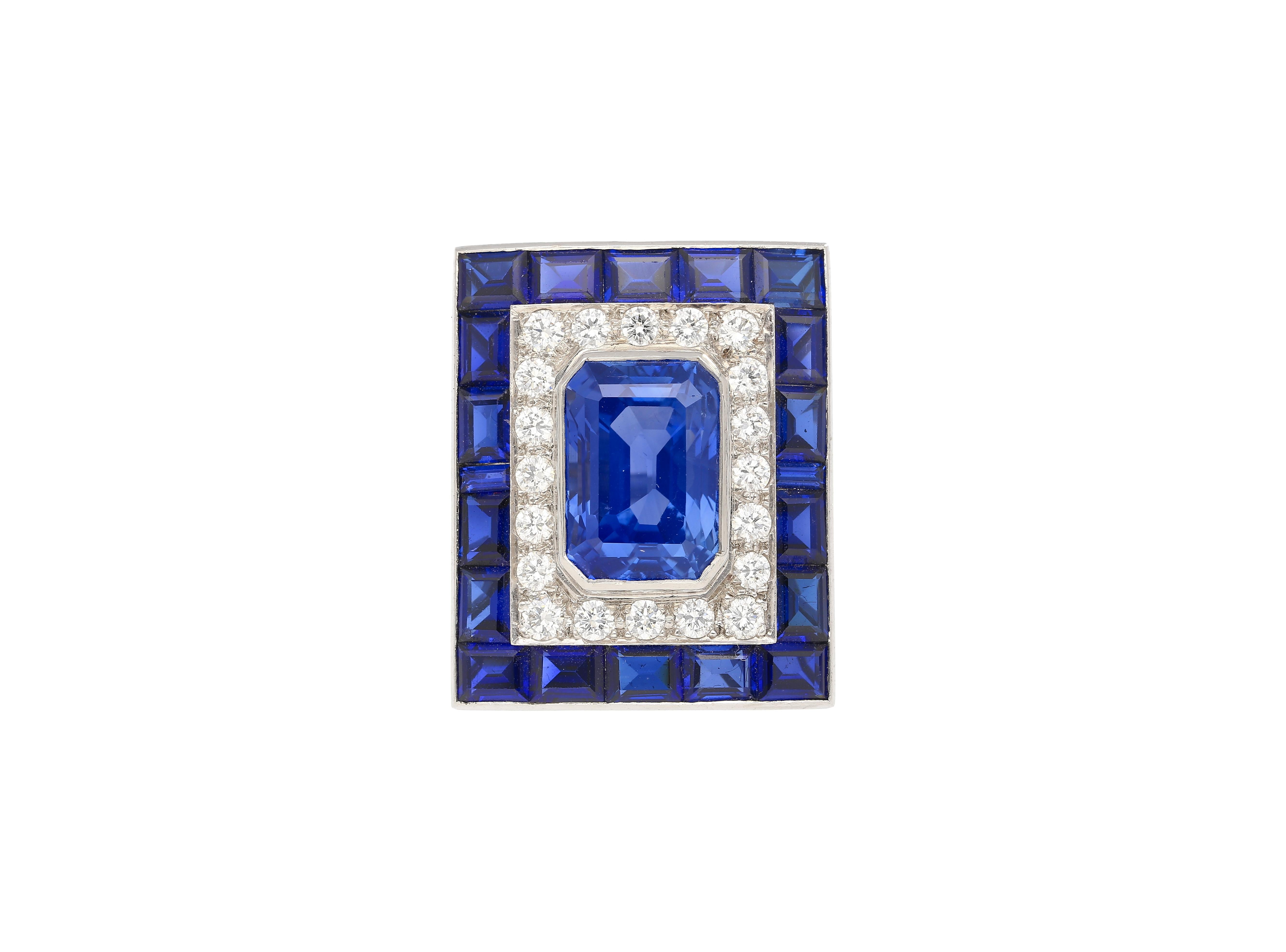 Women's 10.82 Carat Emerald Cut No Heat Ceylon Blue Sapphire & Diamond Platinum Ring For Sale