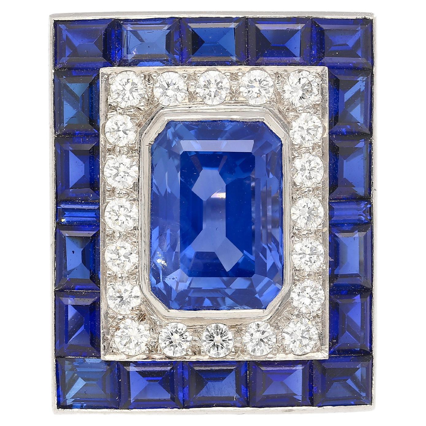 10.82 Carat Emerald Cut No Heat Ceylon Blue Sapphire & Diamond Platinum Ring For Sale