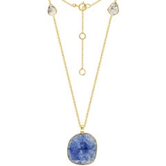 10.82 Carat Rose Cut Blue Sapphire Diamond 18 KT Yellow Gold Pendant Necklace 