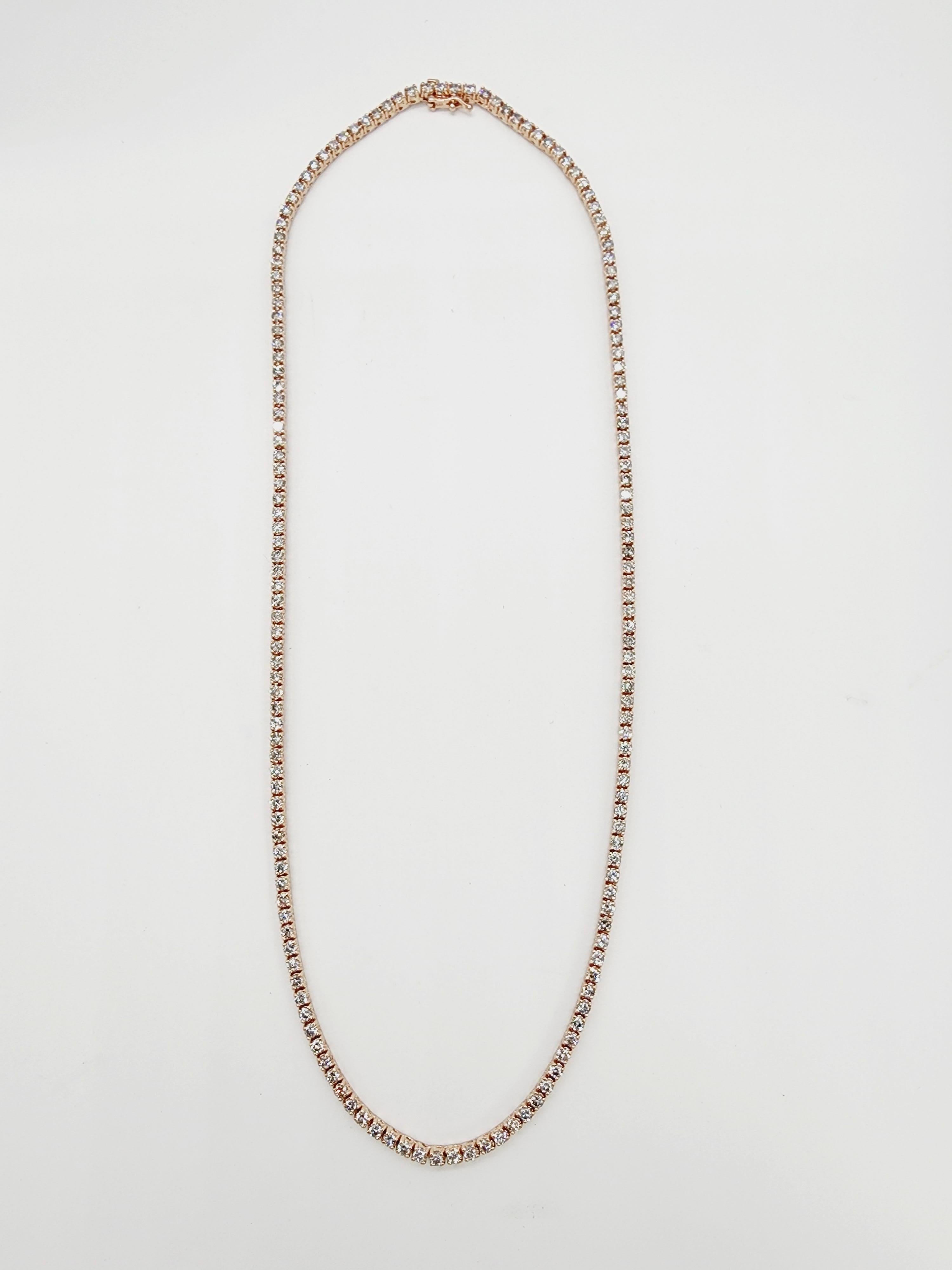 Round Cut 10.82 Carat Round Natural Diamond Tennis Necklace 14 Karat Rose Gold 16'' For Sale