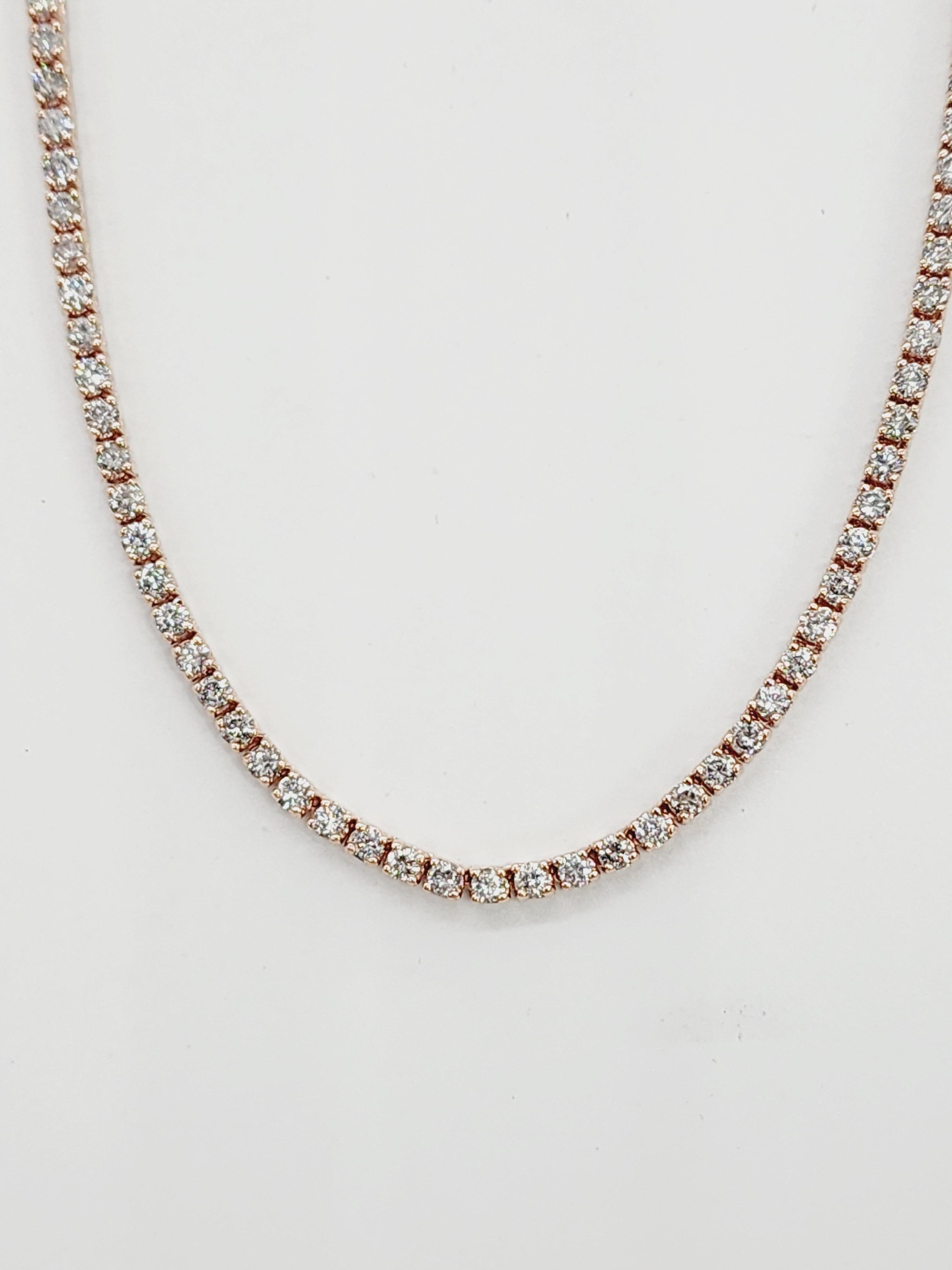 Women's or Men's 10.82 Carat Round Natural Diamond Tennis Necklace 14 Karat Rose Gold 16'' For Sale