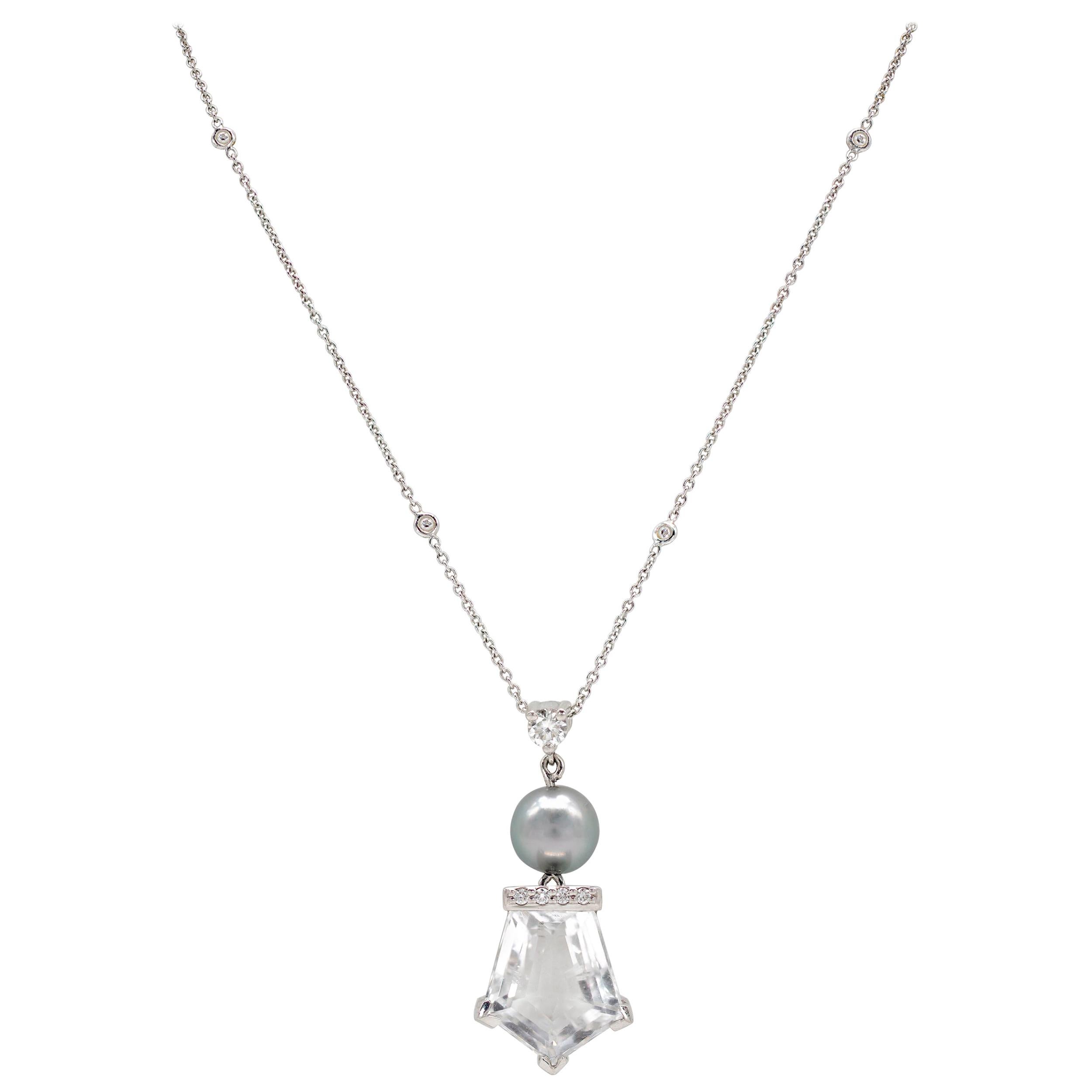 10.83 Carat Total Tahitian Pearl Rock Crystal Diamond Necklace For Sale