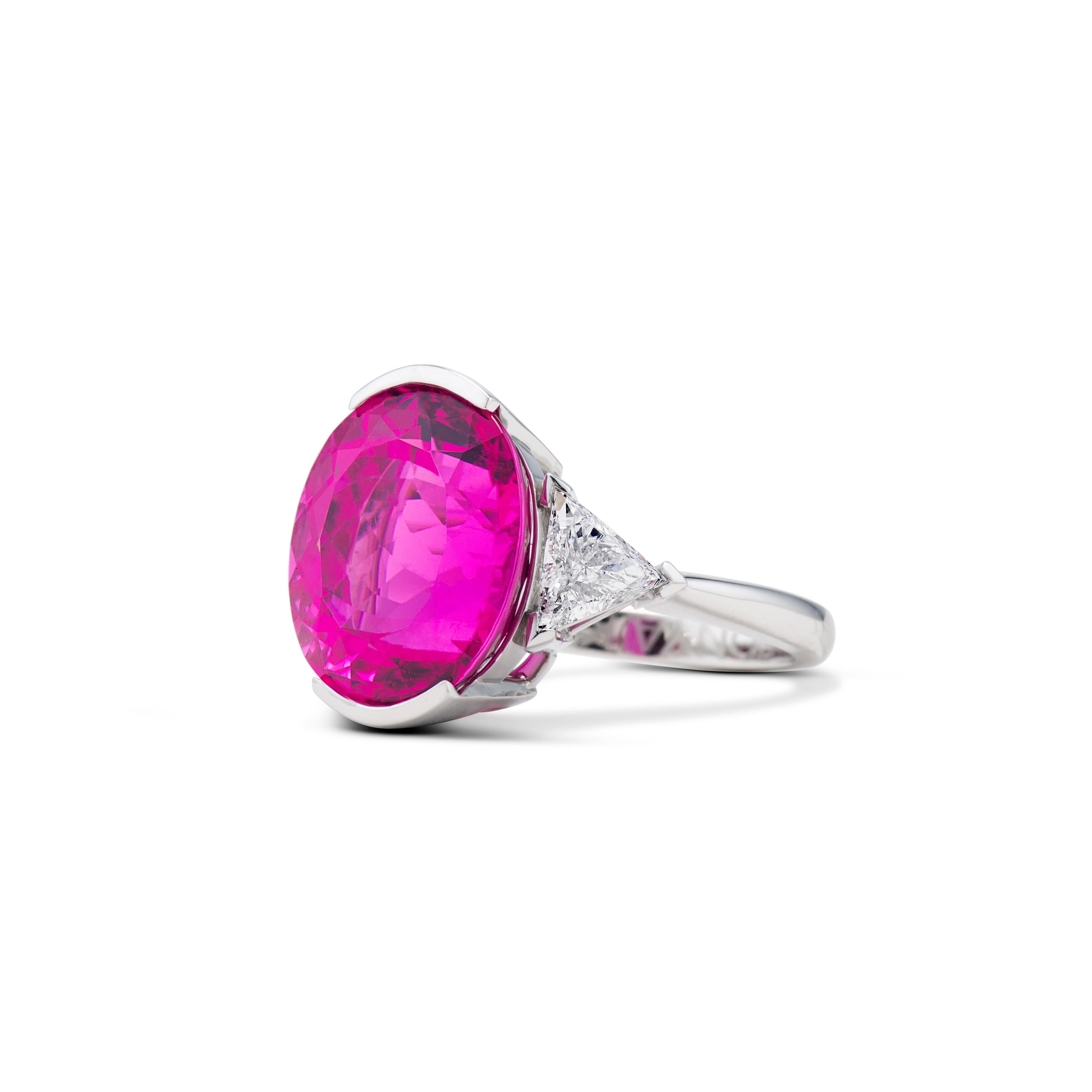 From the Passion & Strength collection, the centerpiece of the ring is a GIA-certified 10.84-carat rubellite tourmaline with D-color trillion-cut diamond side stones.
Total diamond weight 0.92 carats (GIA certified).
The ring is handcrafted in