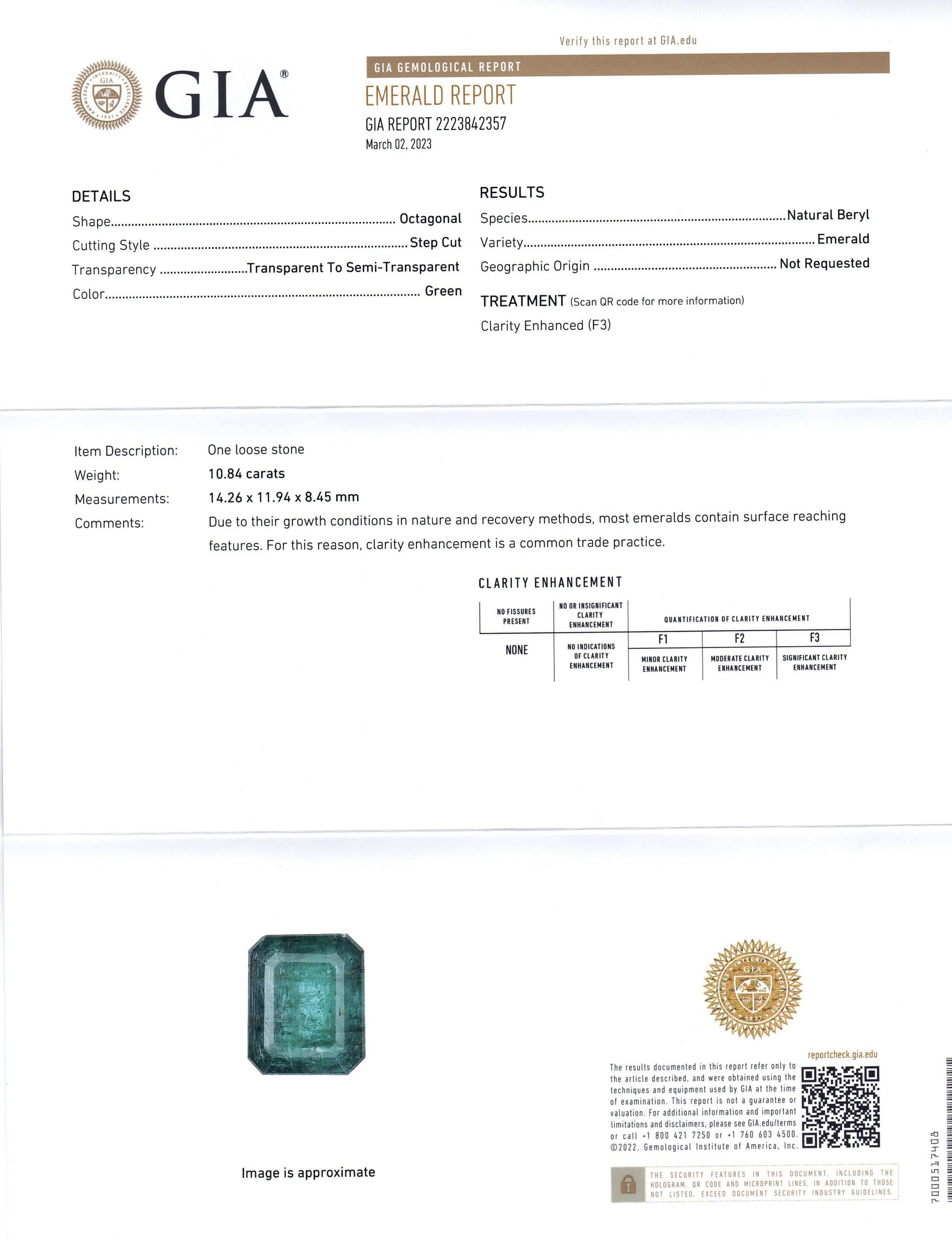 This is a stunning GIA Certified Emerald


The GIA report reads as follows:

GIA Report Number: 2223842357
Shape: Octagonal
Cutting Style: Step Cut
Cutting Style: Crown:
Cutting Style: Pavilion:
Transparency: Transparent to Semi-Transparent
Color: