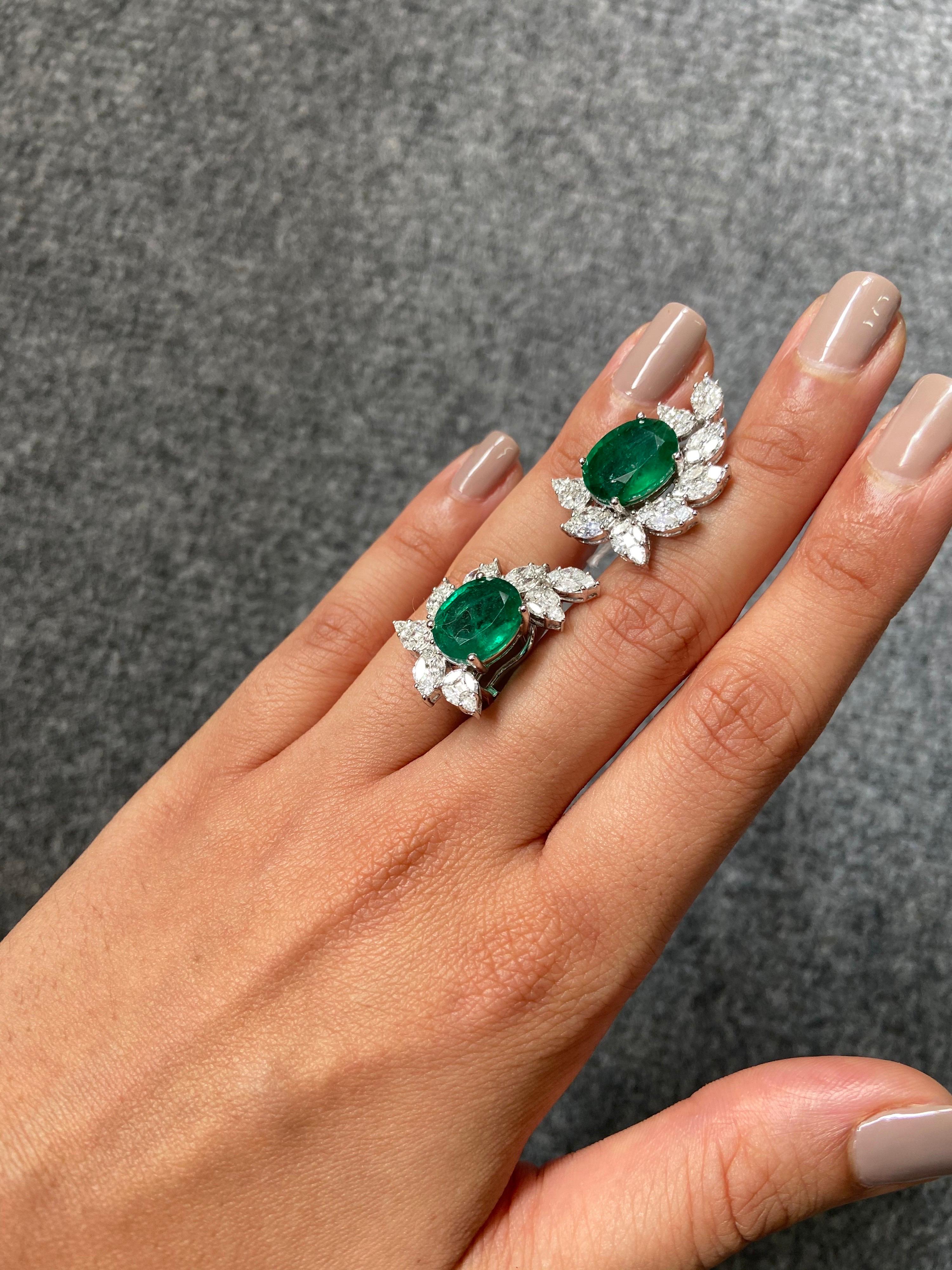 Modern 10.85 Carat Emerald and Diamond Stud Earrings