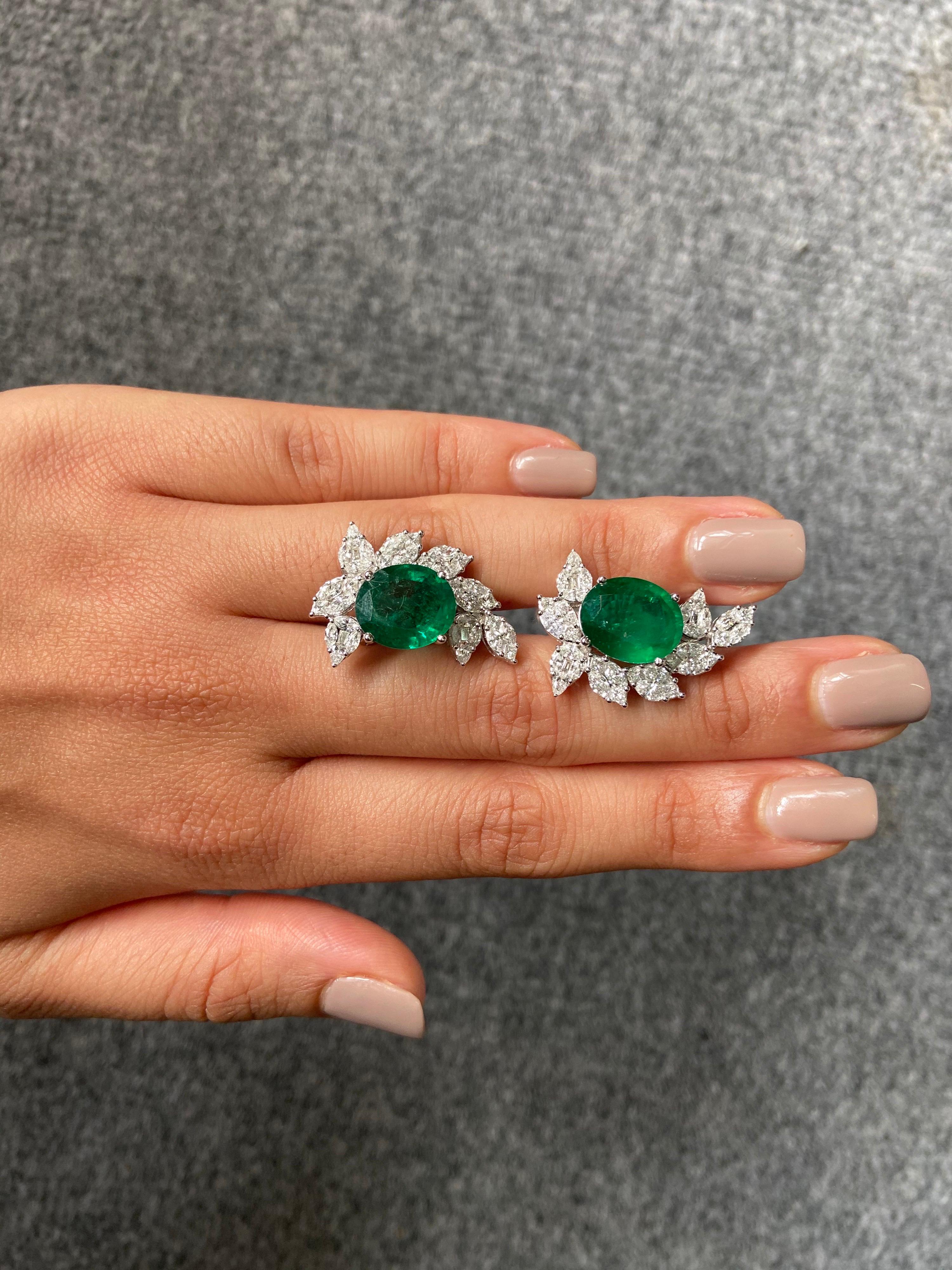 Oval Cut 10.85 Carat Emerald and Diamond Stud Earrings