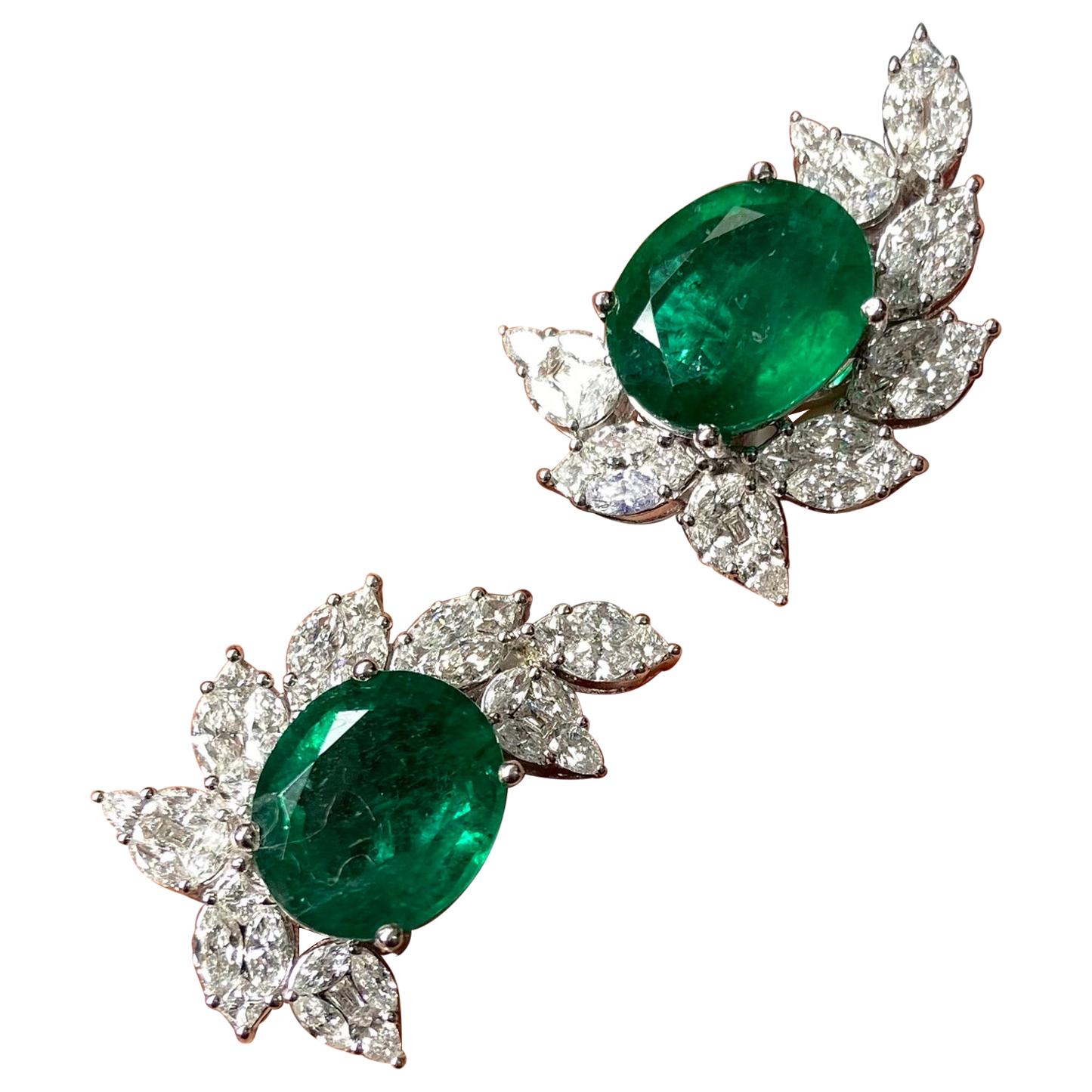 10.85 Carat Emerald and Diamond Stud Earrings
