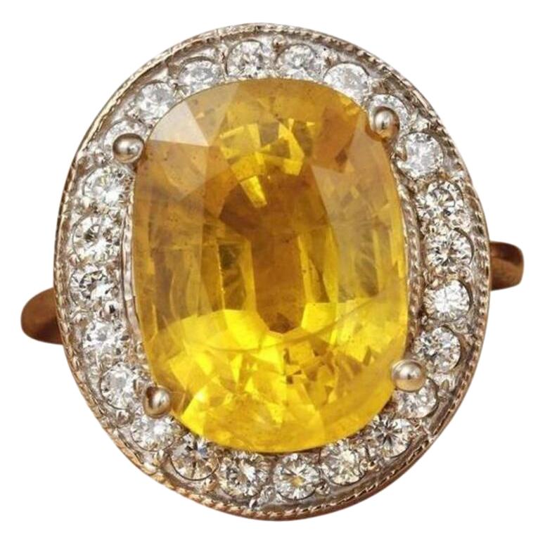 Magnifique saphir jaune naturel non chauffé de 10,85 carats et diamants 14 carats massif