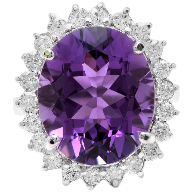 10.85 Carat Natural Amethyst and Diamond 18 Karat Solid White Gold Ring For Sale