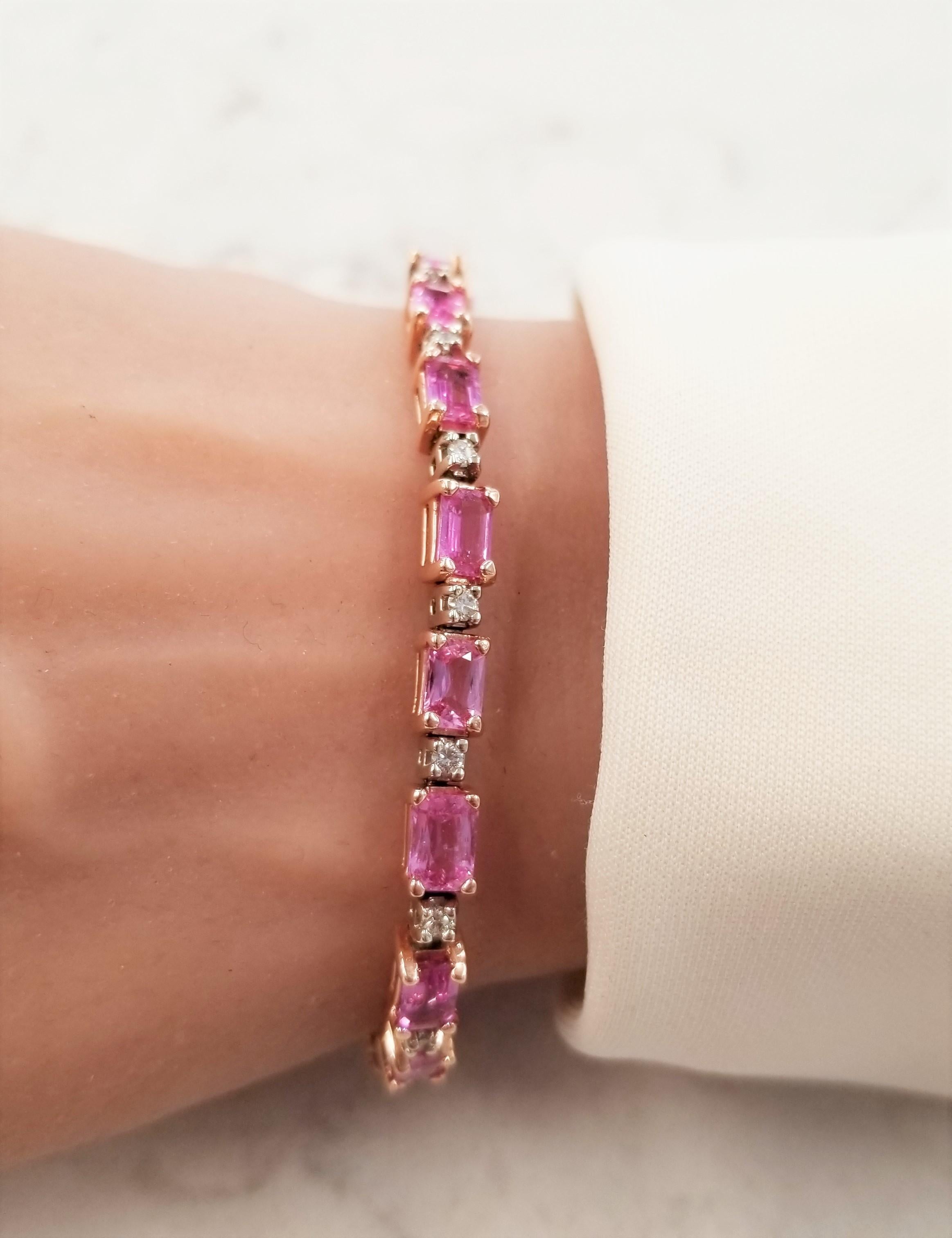 Contemporary 10.85 Carat Total Emerald Cut Pink Sapphires and Diamond Two-Tone Bracelet