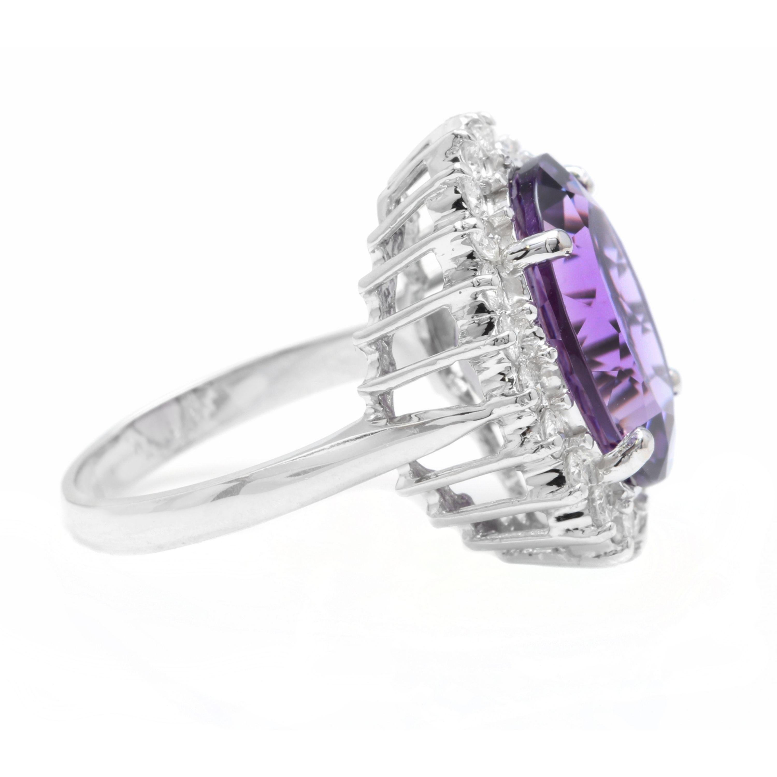 Mixed Cut 10.85 Carat Natural Amethyst and Diamond 18 Karat Solid White Gold Ring For Sale