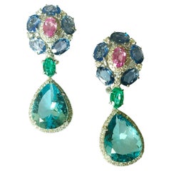 10.86 carat Aquamarine, Multi Sapphires, Emeralds & Diamonds Chandelier Earrings