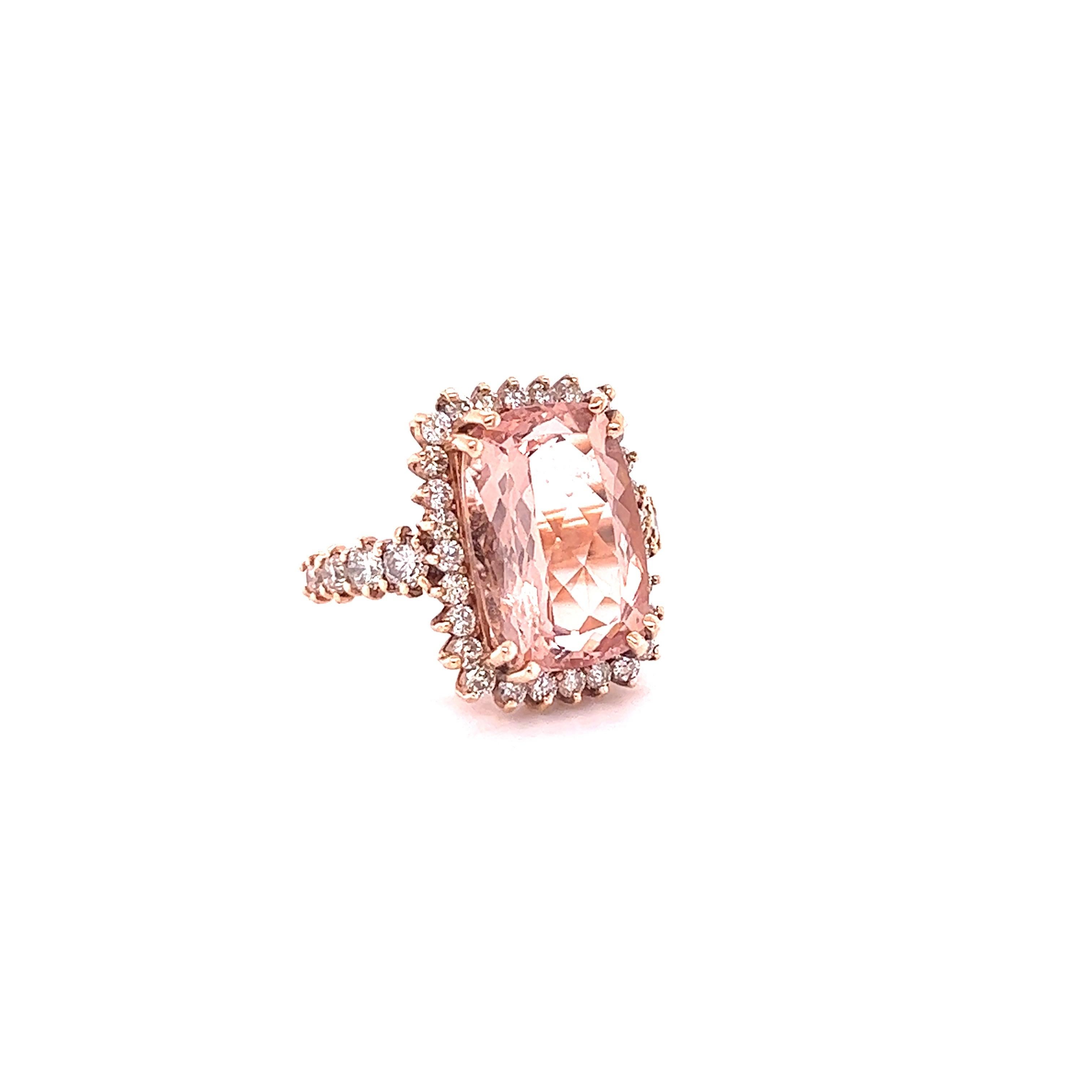 Statement Morganite Diamond Ring! 

This ring has a 9.12 Carat Natural Emerald Cut Morganite that measures at 16 mm x 11 mm and is surrounded by 38 Round Cut Diamonds that weigh 1.74 Carats. The total carat weight of the ring is 10.86 Carats.  

The