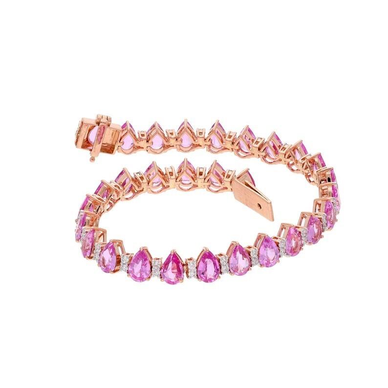 10.86 Carat Pear Cut Pink Sapphire Diamond 18 Karat Rose Gold Tennis Bracelet In New Condition For Sale In Hoffman Estate, IL