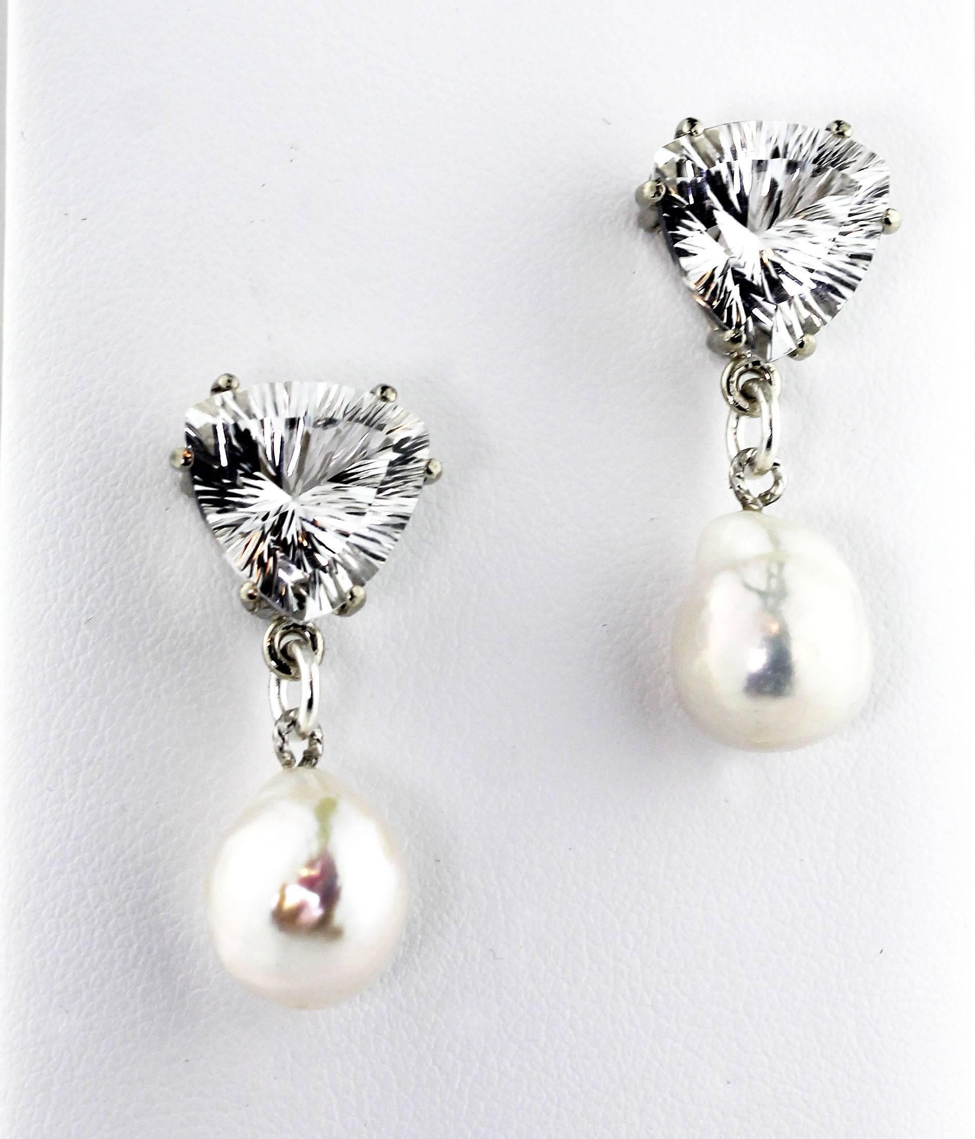 Trillion Cut AJD Spectacular Glittering 10.86 Cts White Quartz & Pearl Silver Earrings