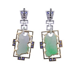 108.61ctw Carved Jadeite Jade Diamond Sapphire Gold Drop Earrings