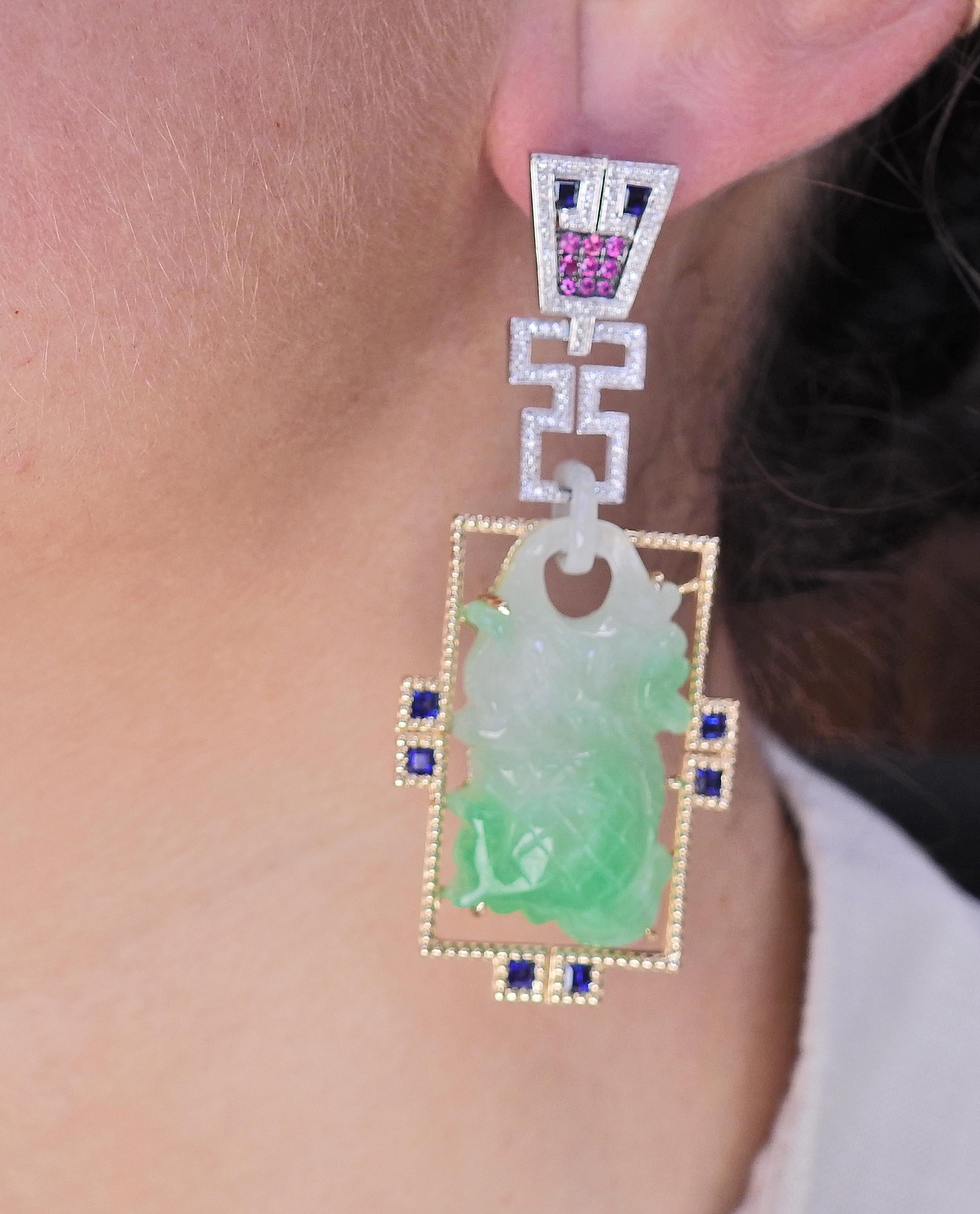 108.61ctw Carved Jadeite Jade Diamond Sapphire Gold Drop Earrings In Excellent Condition For Sale In New York, NY