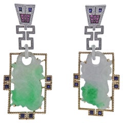 108.61ctw Carved Jadeite Jade Diamond Sapphire Gold Drop Earrings