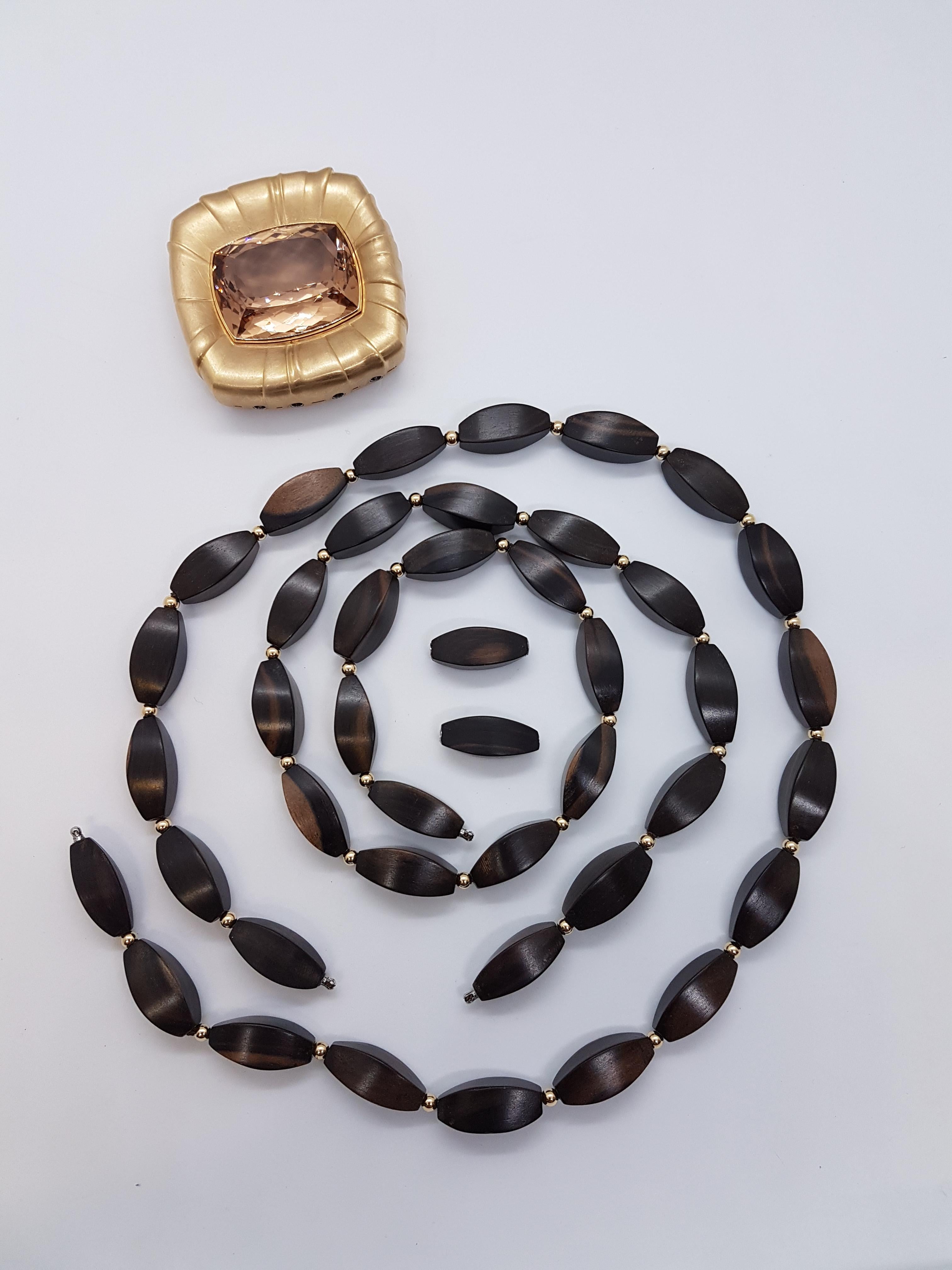 Women's 108, 64 Carat Morganite Rose Gold Tiger Ebony 4-Sided Olive Necklace For Sale
