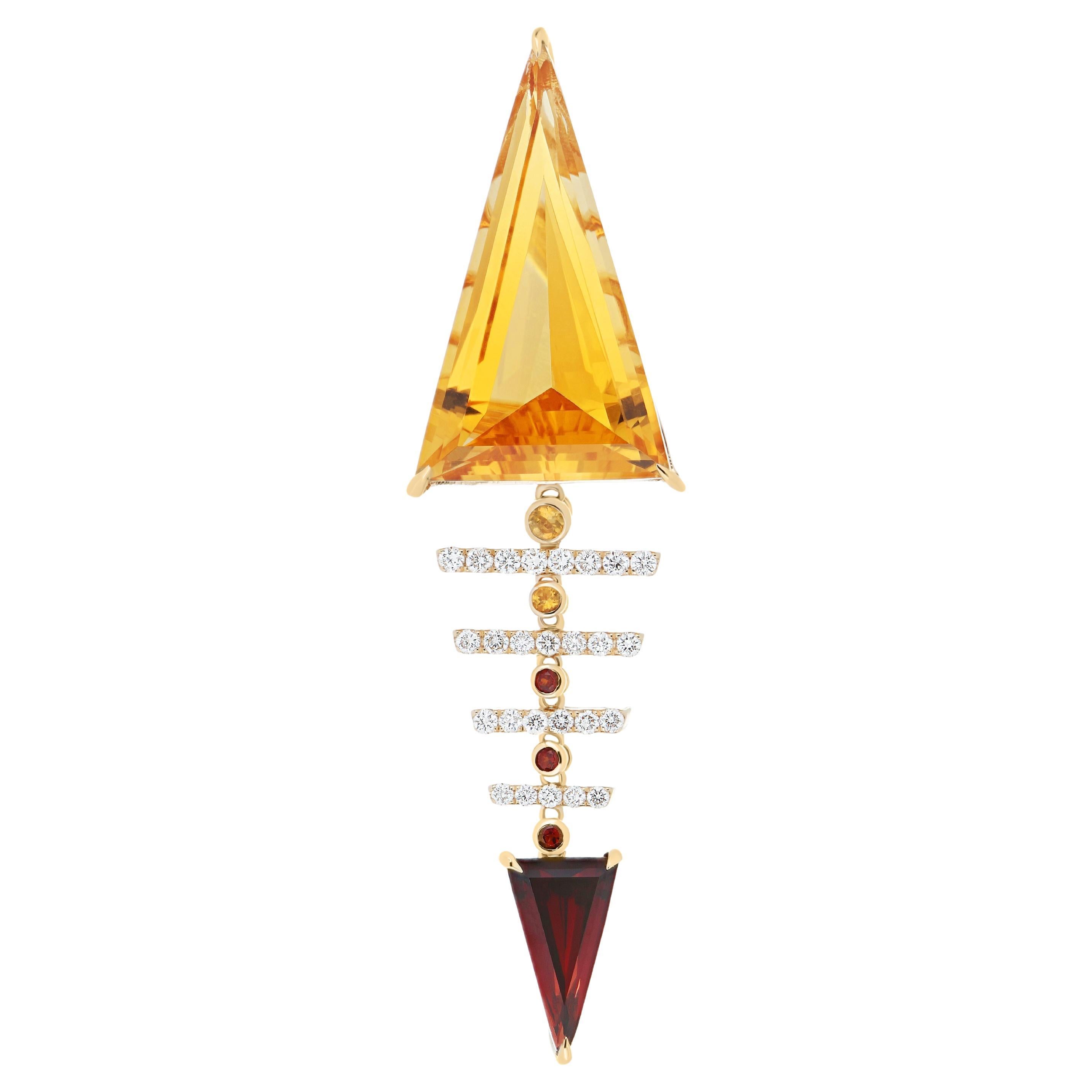 10.86Ct's Citrine, Garnet and Diamond Pendant 14K Yellow Gold Pendant