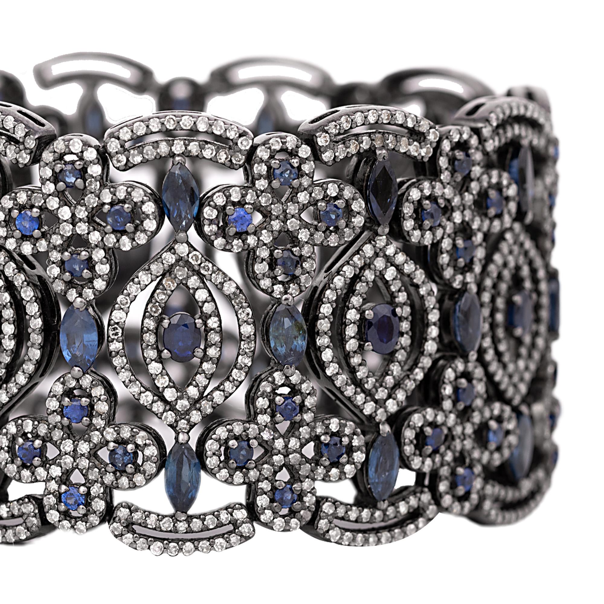 Victorian 10.87 Carat Diamond and Sapphire Antique-Style Retro Bracelet