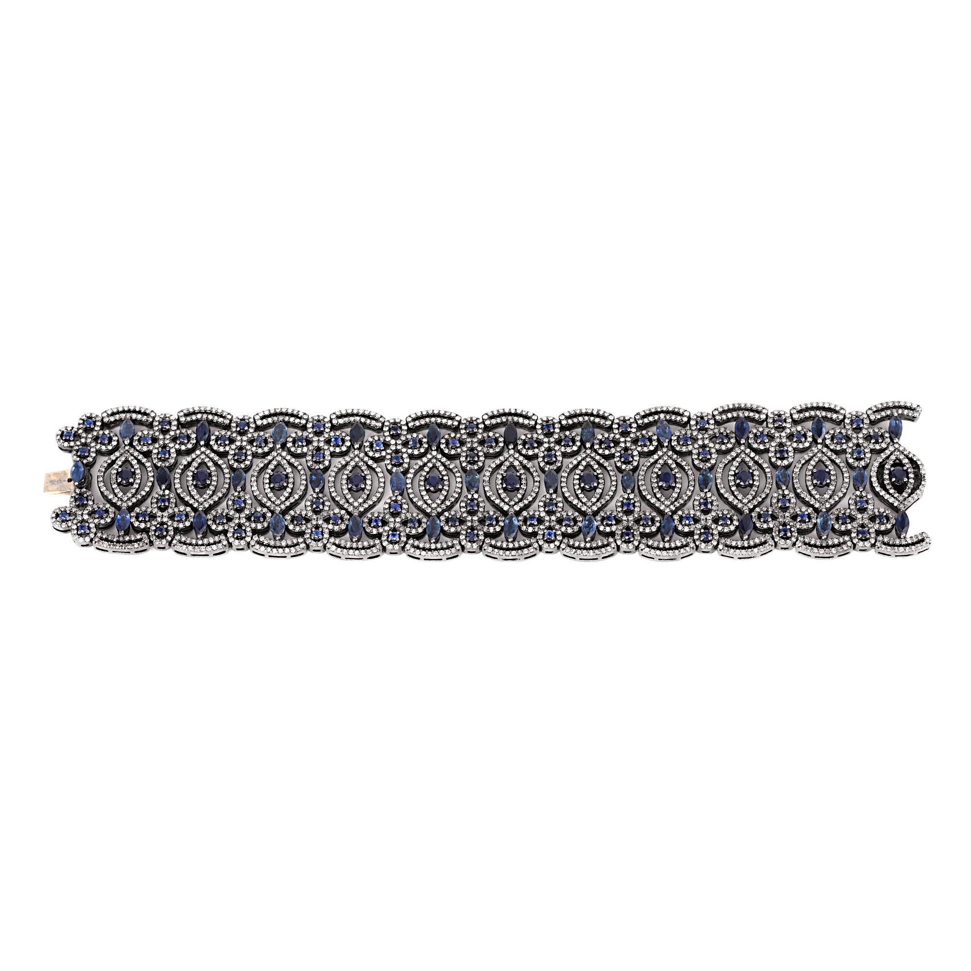 10.87 Carat Diamond and Sapphire Antique-Style Retro Bracelet In New Condition In Jaipur, IN