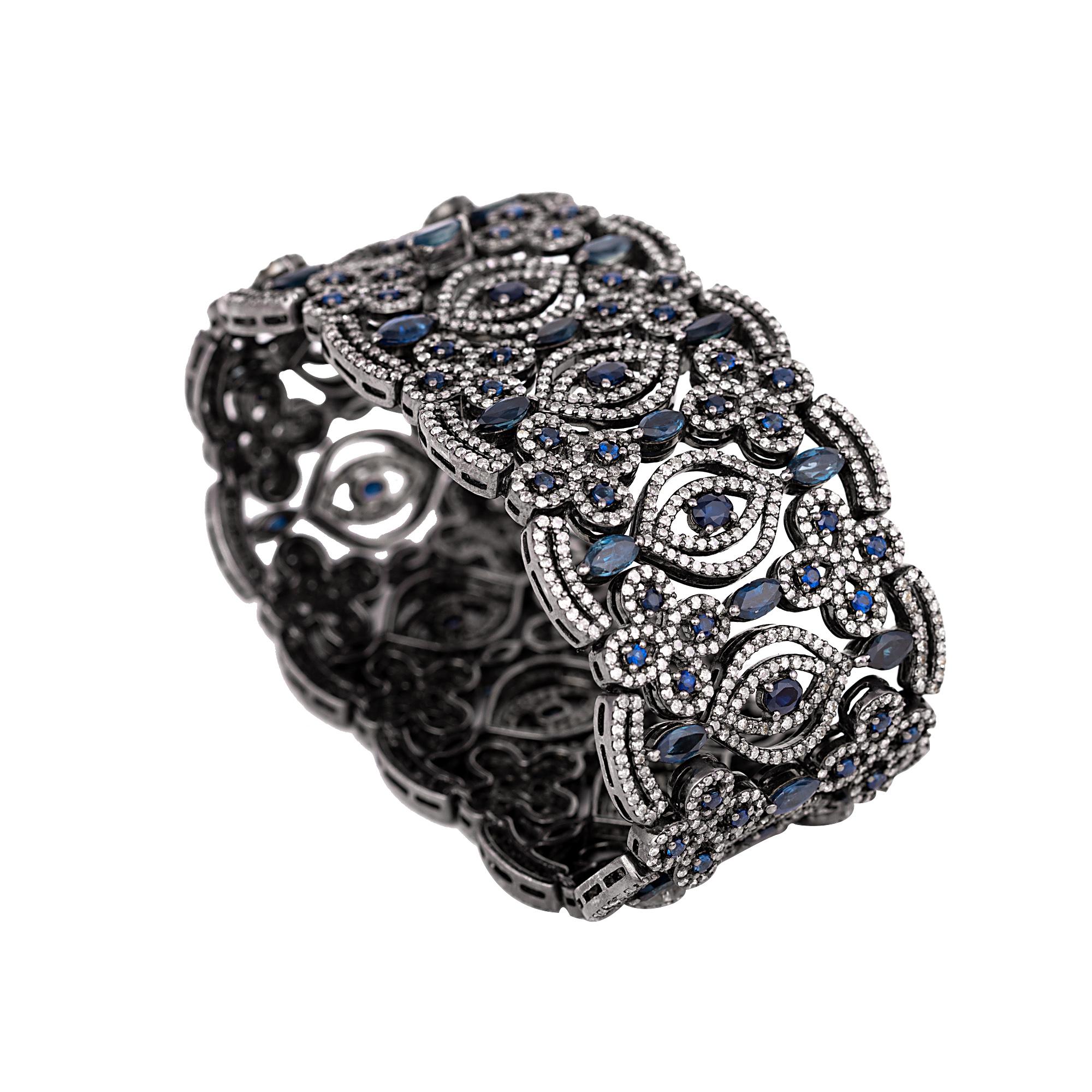 Women's 10.87 Carat Diamond and Sapphire Antique-Style Retro Bracelet