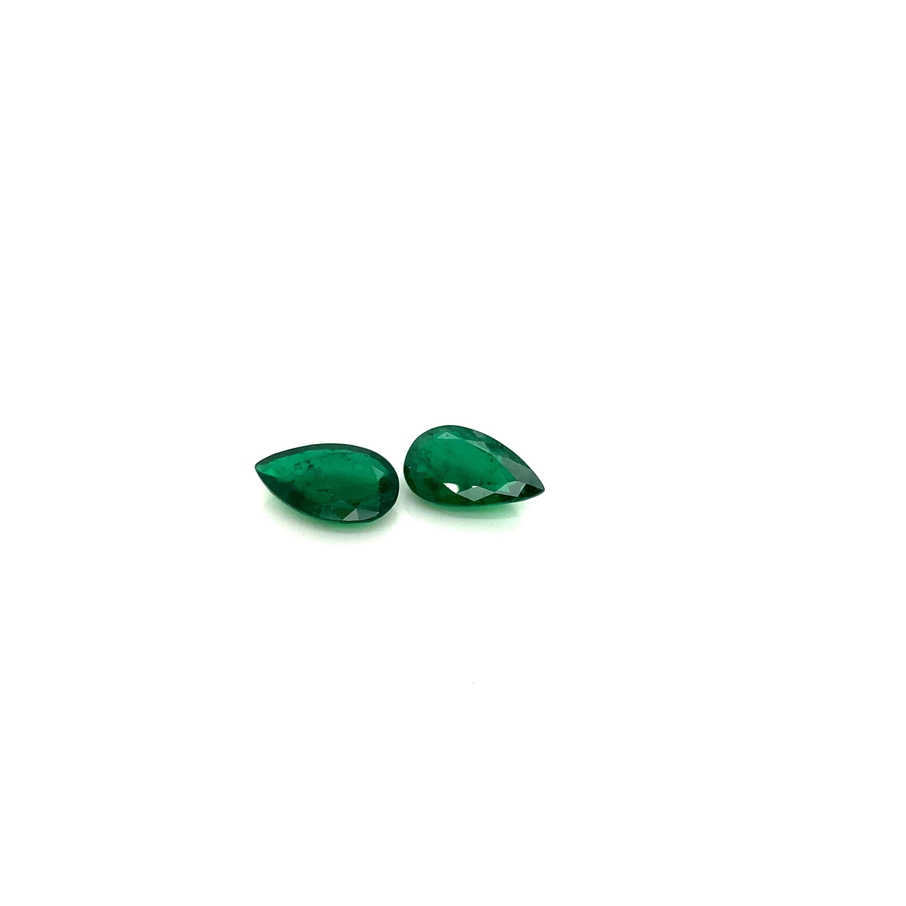 10.87 Carat GRS Certified Pear-Shaped Vivid Green Emerald Pair For Sale 1