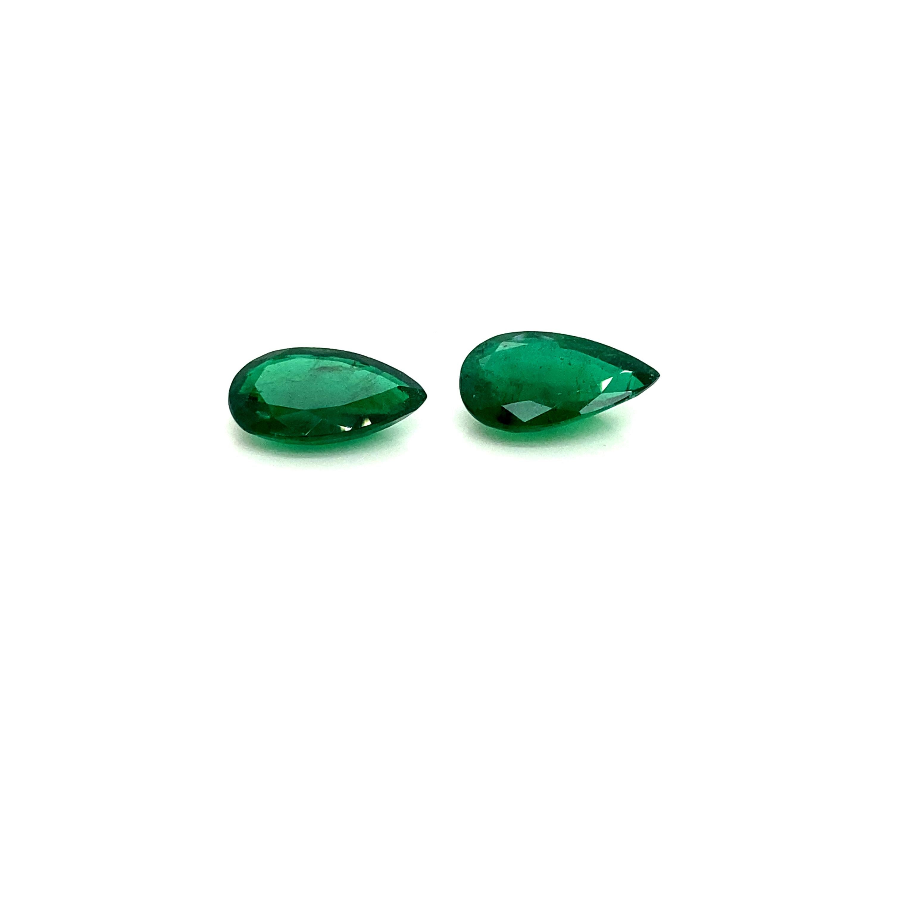 10.87 Carat GRS Certified Pear-Shaped Vivid Green Emerald Pair For Sale 2