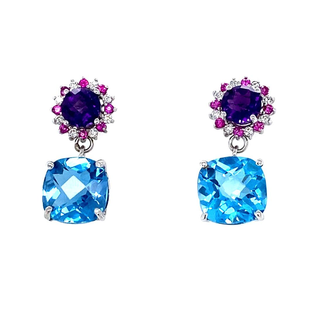 Contemporary 10.87 Carat Natural Amethyst Topaz Sapphire White Gold Drop Earrings For Sale