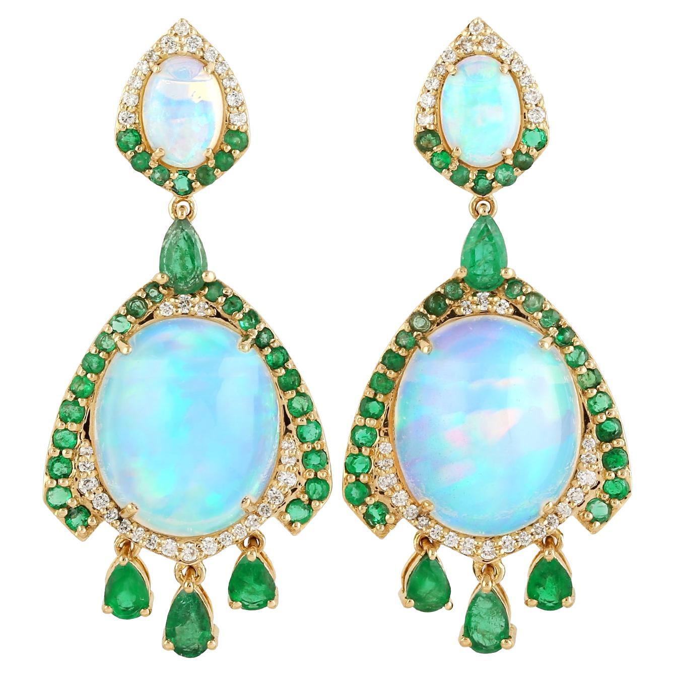 Meghna Jewels 10.87 Carat Opal Emerald Diamond 18 Karat Gold Earrings For Sale