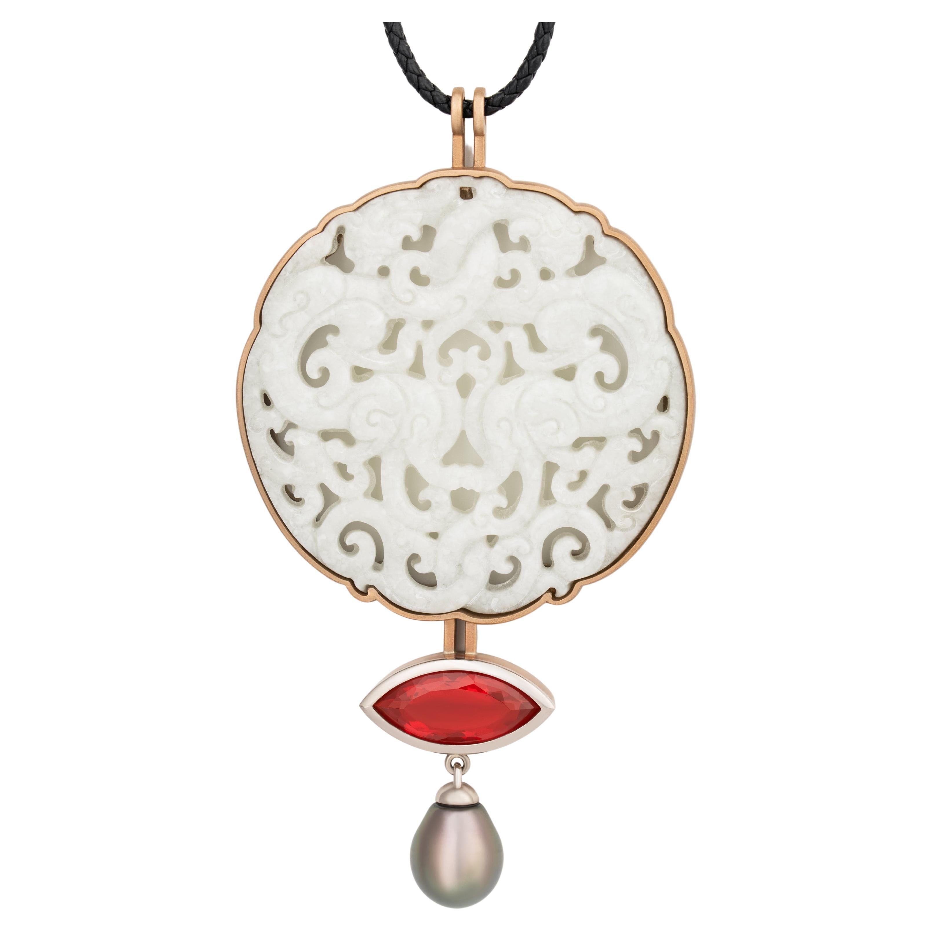 10.88 Carat Fire Opal Tahiti Pearl-Drop White Jade Disc Gold Bronze Necklace For Sale