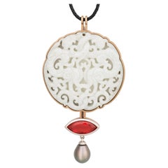 10.88 Carat Fire Opal Tahiti Pearl-Drop White Jade Disc Gold Bronze Necklace