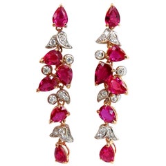 10.88 Carat Natural Red No Heat Ruby Diamond Dangle Earrings 18 Karat Unheated