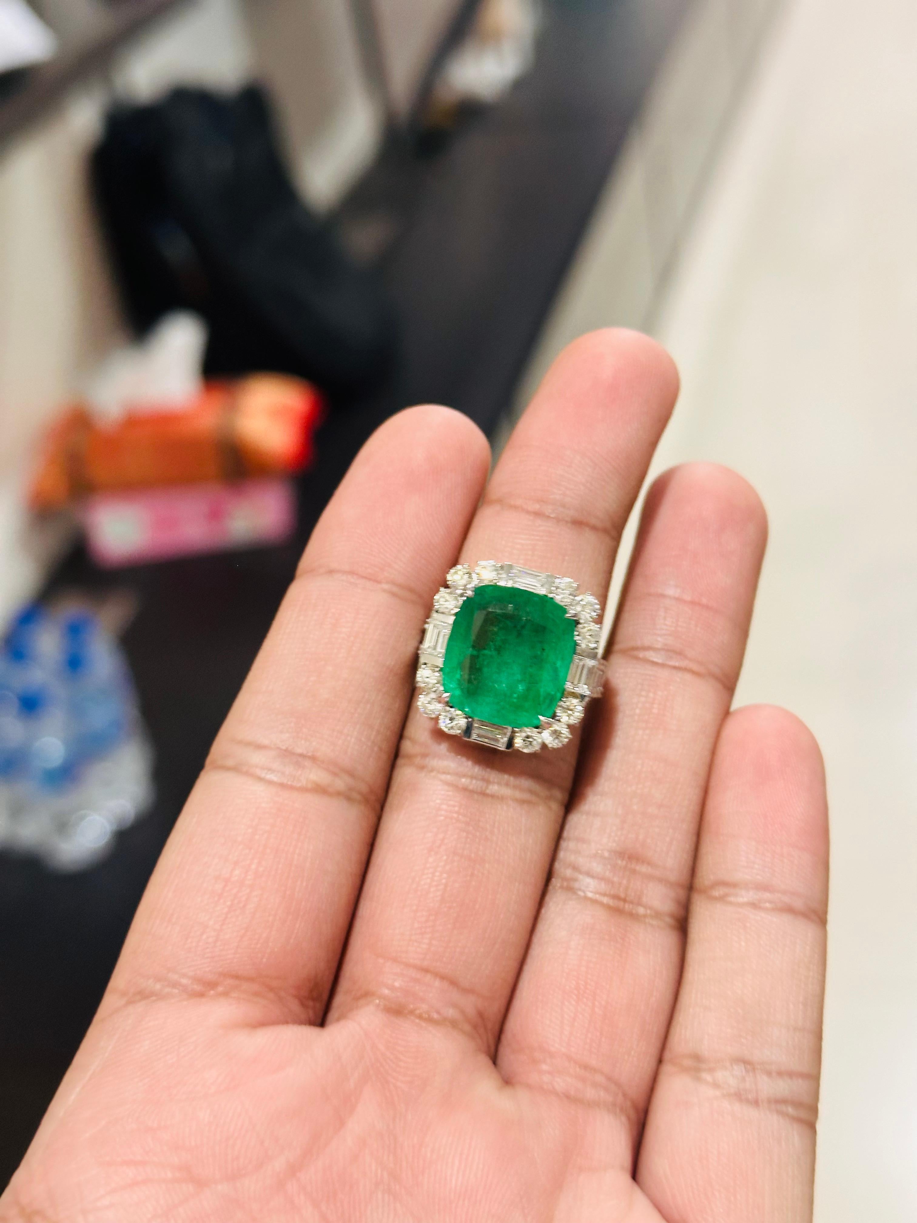Cushion Cut 10.88 Carat Zambian Emerald Diamond Ring For Sale