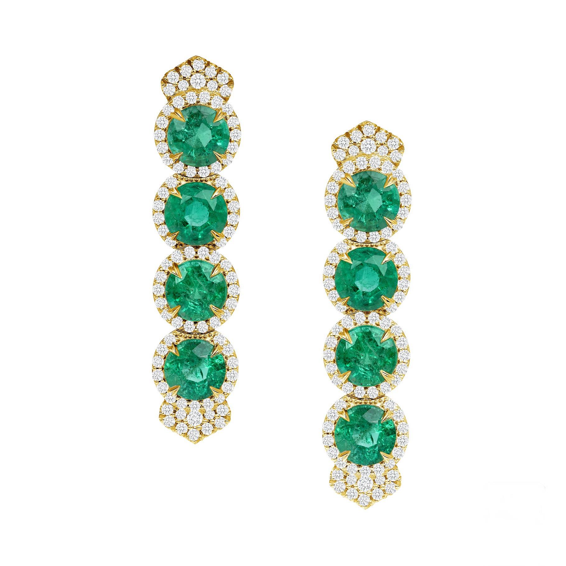 Round Cut 10.88ct Zambian Emerald earrings in 18K yellow gold. For Sale