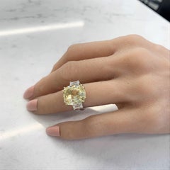 10.89 Carat Cushion Cut Yellow Sapphire & Diamond Ring in 18k Gold