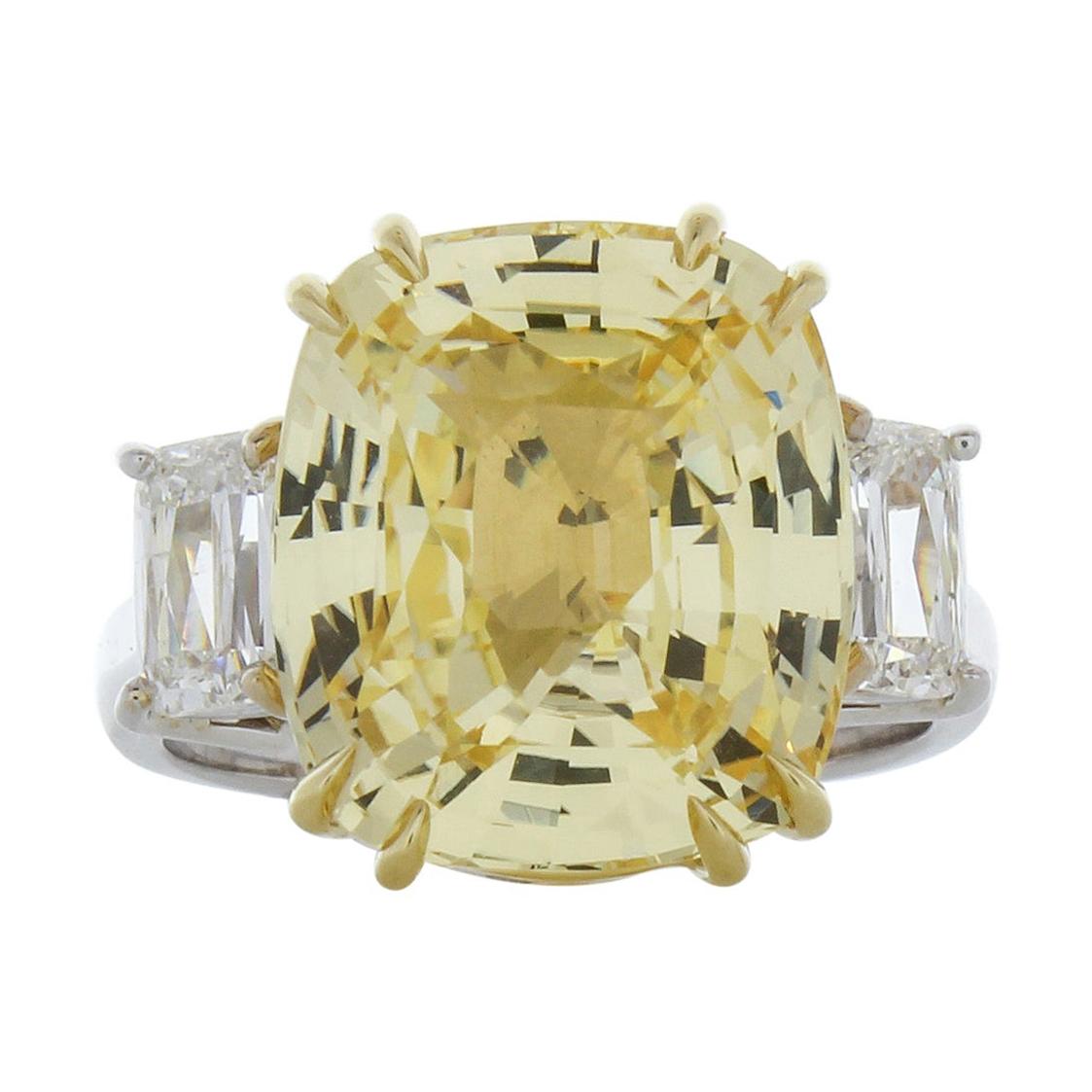 10.89 Carat Cushion Cut Yellow Sapphire & Diamond Ring in 18k Gold