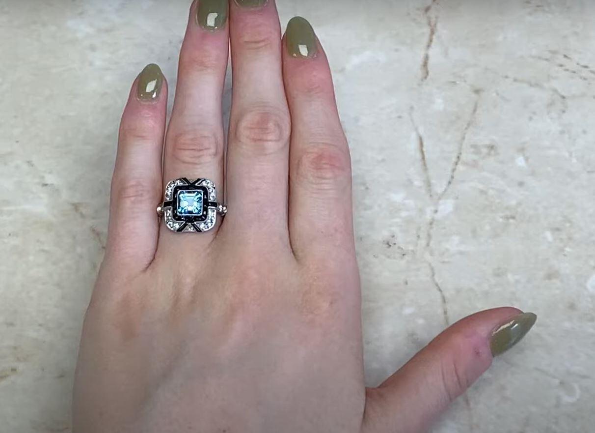 1.08ct Asscher Cut Aquamarine Engagement Ring, Diamond & Onyx Halo, Platinum For Sale 5