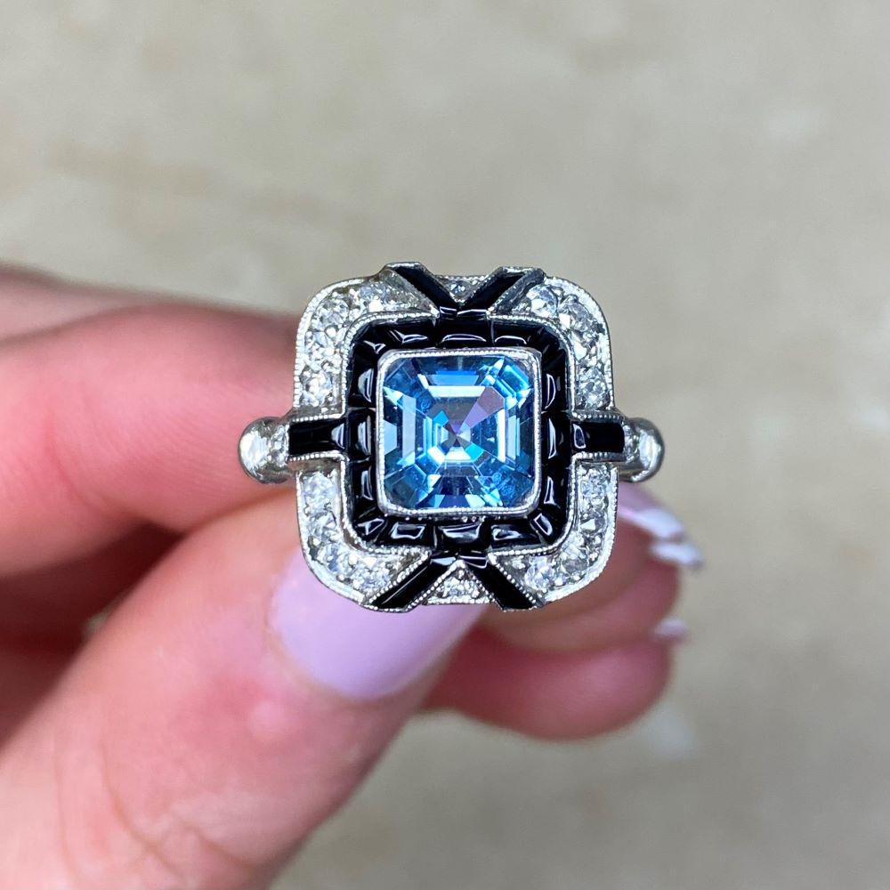 1.08ct Asscher Cut Aquamarine Engagement Ring, Diamond & Onyx Halo, Platinum For Sale 6