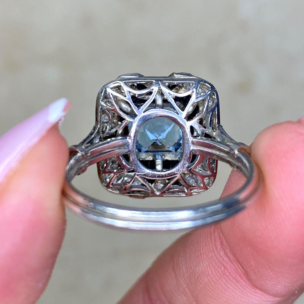1.08ct Asscher Cut Aquamarine Engagement Ring, Diamond & Onyx Halo, Platinum For Sale 7