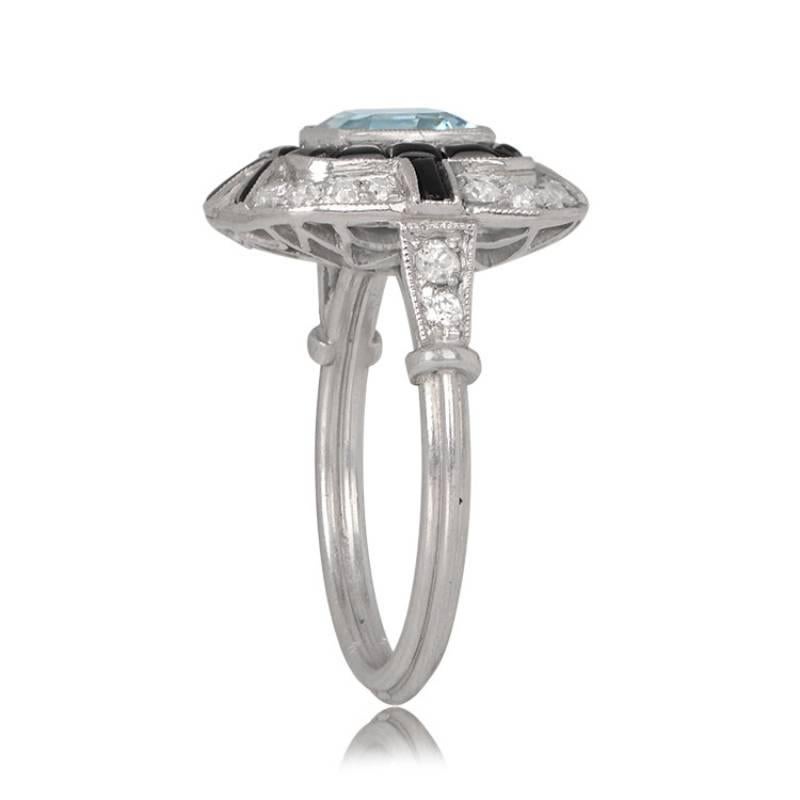 Art Deco 1.08ct Asscher Cut Aquamarine Engagement Ring, Diamond & Onyx Halo, Platinum For Sale