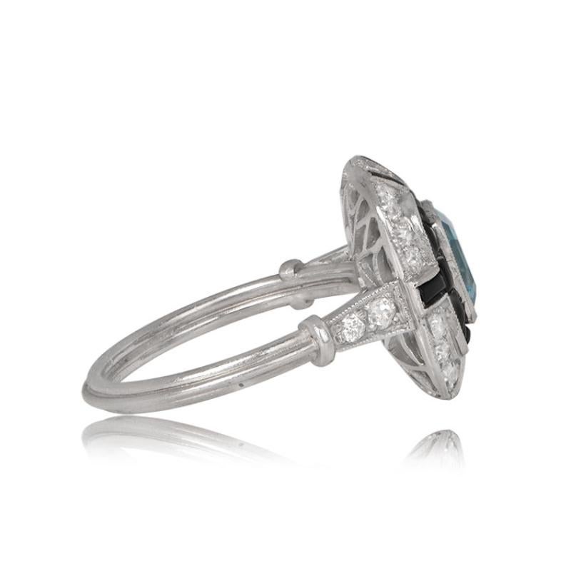1.08ct Asscher Cut Aquamarine Engagement Ring, Diamond & Onyx Halo, Platinum In Excellent Condition For Sale In New York, NY