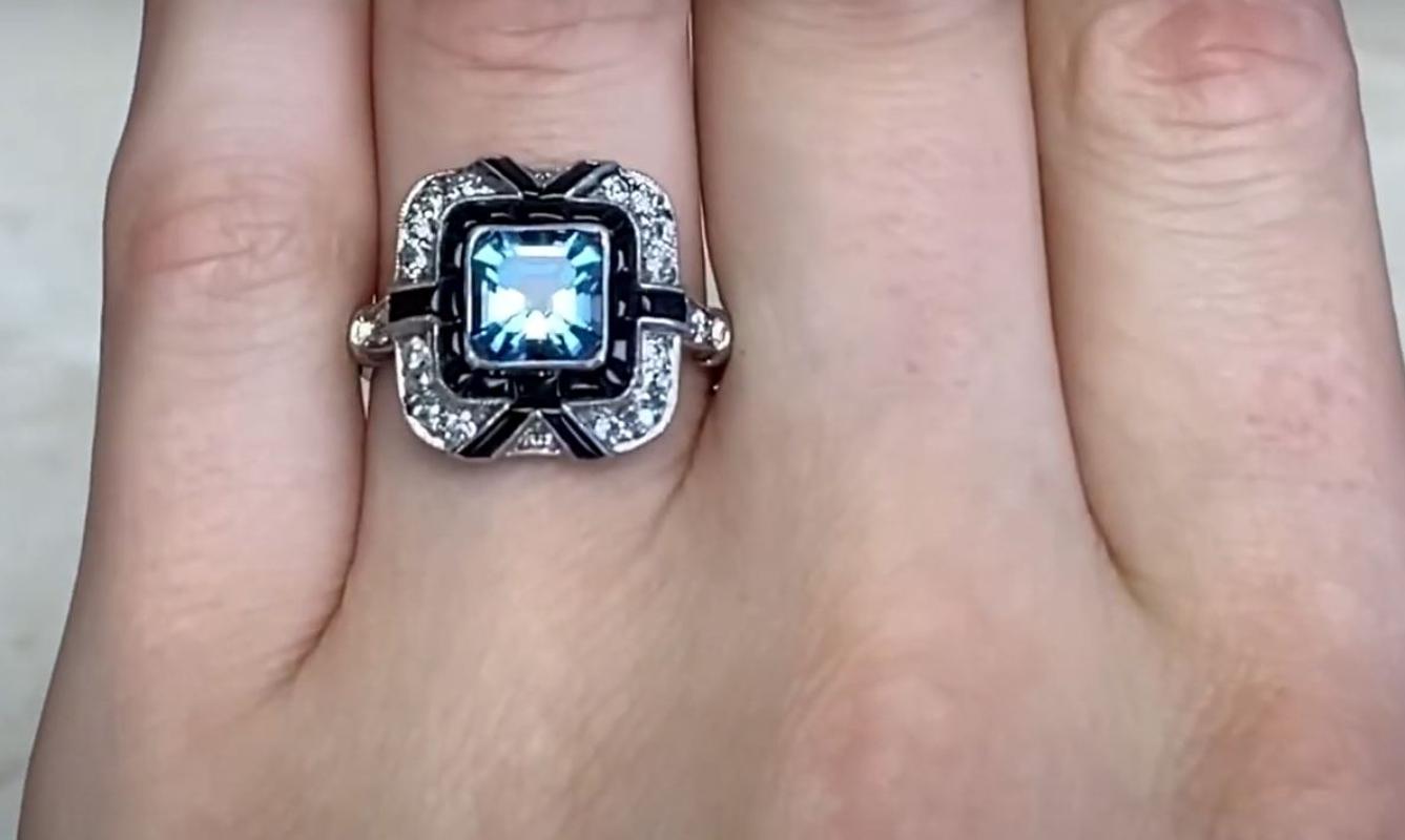 1.08ct Asscher Cut Aquamarine Engagement Ring, Diamond & Onyx Halo, Platinum For Sale 1