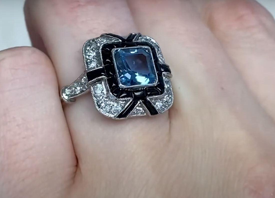 1.08ct Asscher Cut Aquamarine Engagement Ring, Diamond & Onyx Halo, Platinum For Sale 2