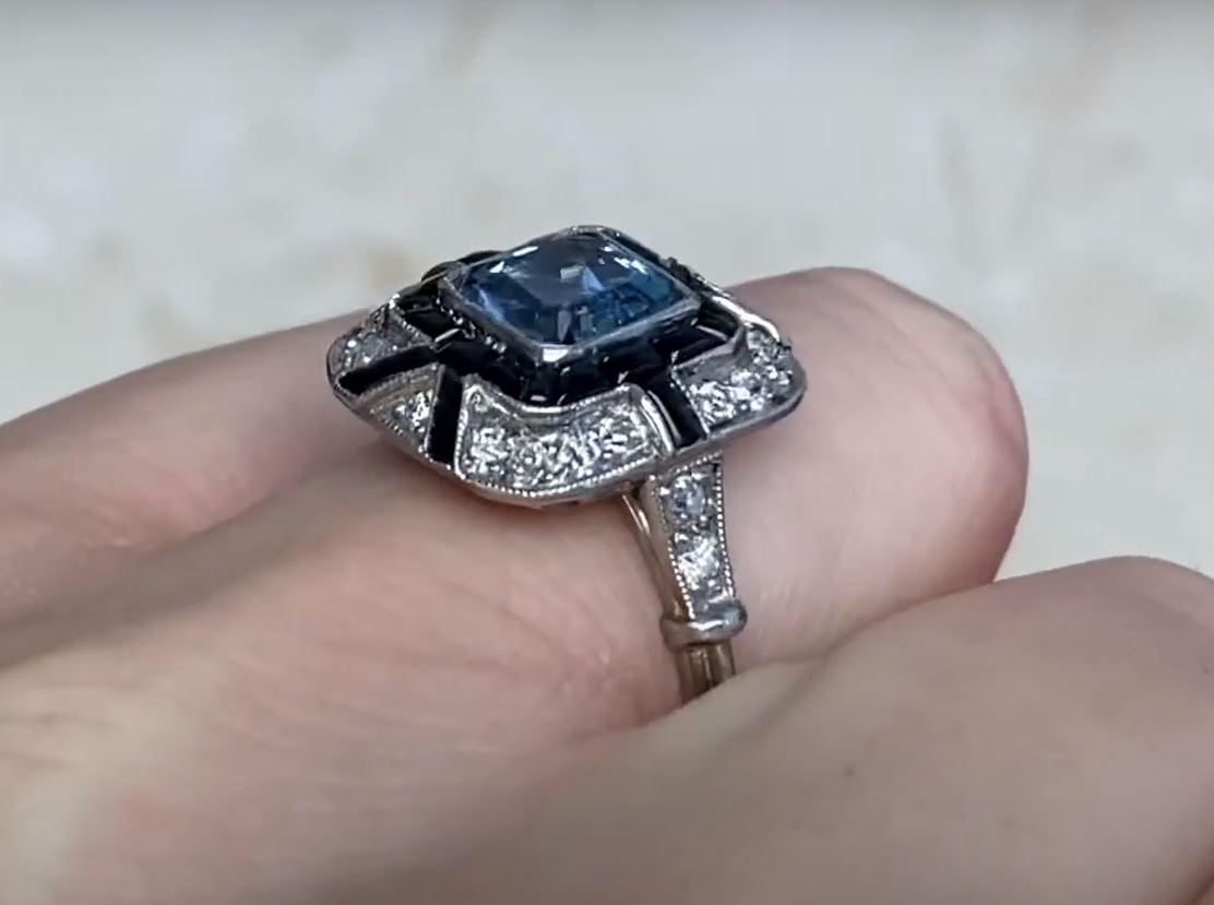 1.08ct Asscher Cut Aquamarine Engagement Ring, Diamond & Onyx Halo, Platinum For Sale 3
