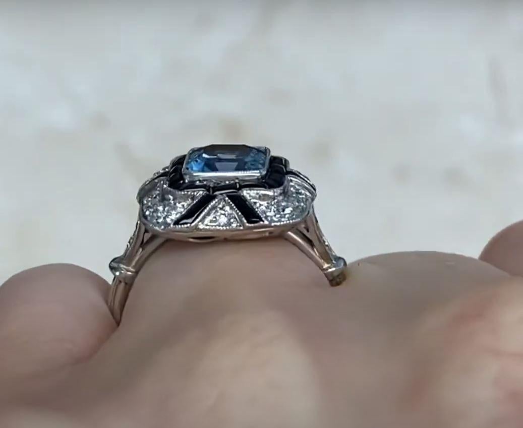 1.08ct Asscher Cut Aquamarine Engagement Ring, Diamond & Onyx Halo, Platinum For Sale 4