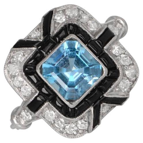 1.08ct Asscher Cut Aquamarine Engagement Ring, Diamond & Onyx Halo, Platinum For Sale